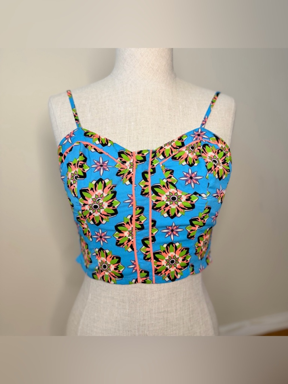Flying Tomato Neon Geometric Floral Sweetheart Bustier Corset Crop Top XS EUC